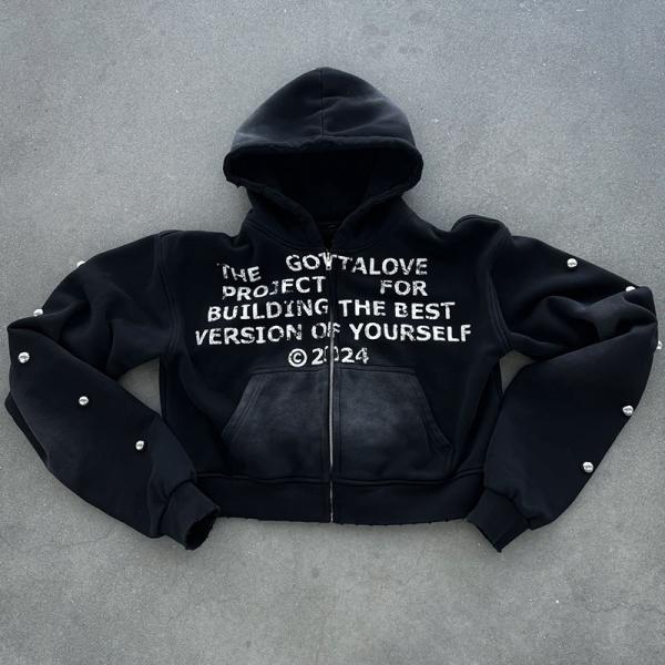 Anti-rides Pas de chaussures Vêtements de rue Fermeture à glissière Hoodie Plus taille Rhinestone