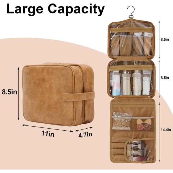 3 In1 Makeup Toiletry Travel Bag Brown Leather Water-Resistant Hanging With Hooks