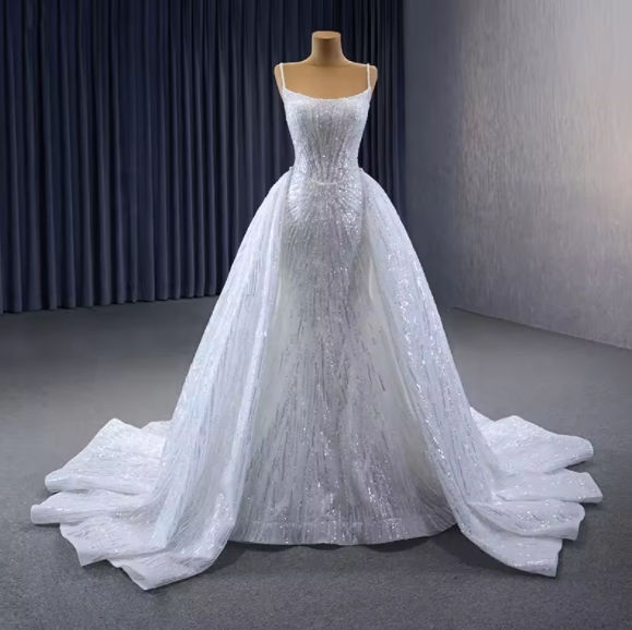 Elegant Beaded Spaghetti Straps A-line Court Train Boat Neck Lace-up Mermaid White Sequins Long Wedding Dress