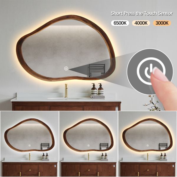 Walnut Wood Frame Irregular Bathroom Mirror 5mm With Edge Lighting Dimming