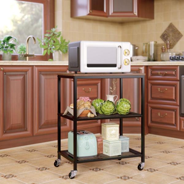 Wood And Stainless Steel Moveable Rolling Small Microwave Cart Trolley For Utility Storage