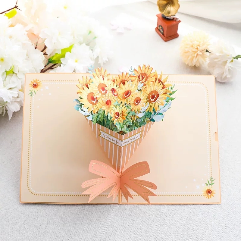 3D Floral Bouquet Pop Up Greeting Card With Striped Cone Design