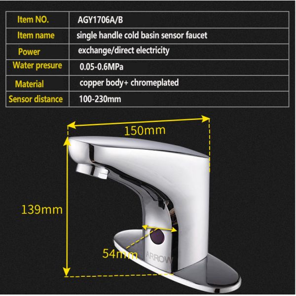 ARROW Modern Infrared Sensor Faucet with Polished Chrome Finish and Brass Body for Bathroom
