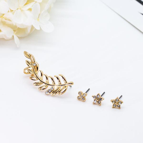 Luxury Alloy Gold Earrings Studs Leaf Flower Shape Shiny Crystals 4 Pcs