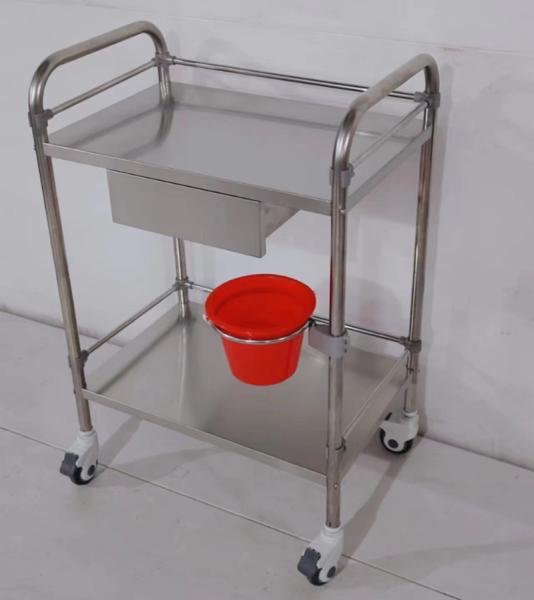 Heavy Duty 2-Shelf Stainless Steel Procedure Cart with Pull-Out Drawer Bucket