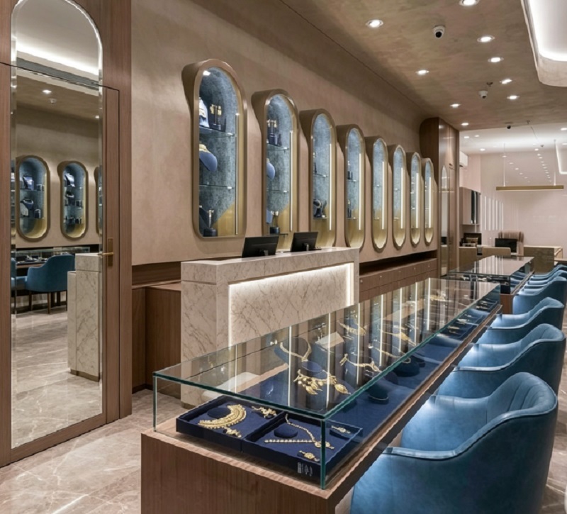 Luxury Walnut Wood & Navy Blue Jewelry Store Interior Design, Complete Turnkey Fixture Package with Arched Wall Showcase