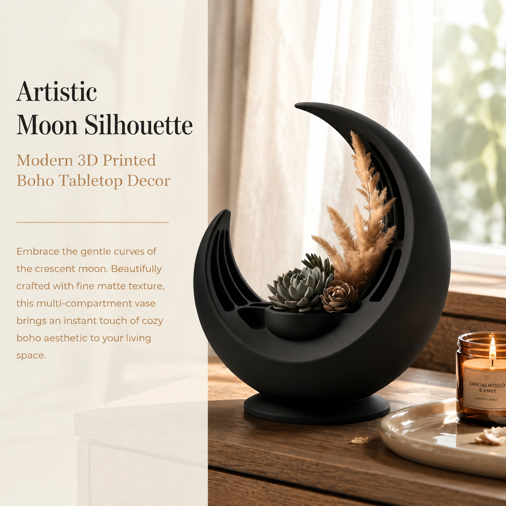 Matte Dried Flowers 3D Printed Decor Curved Crescent Sculpture Multi Compartment Vase