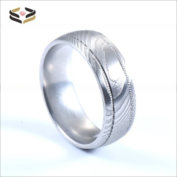 8mm Damascus Steel Men's Wedding Band with Double Gear Groove and Customer's Logo