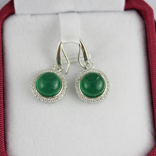 Sterling Silver 9mm Round Green Jade  Cubic Zirconia Dangle Earrings( PSJ025E)