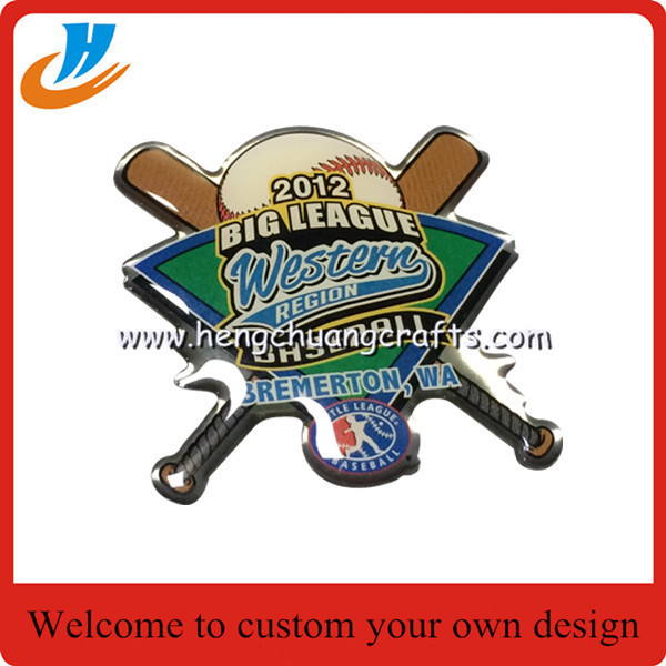 US custom metal badge pin, New design baseball logo badge with epoxy