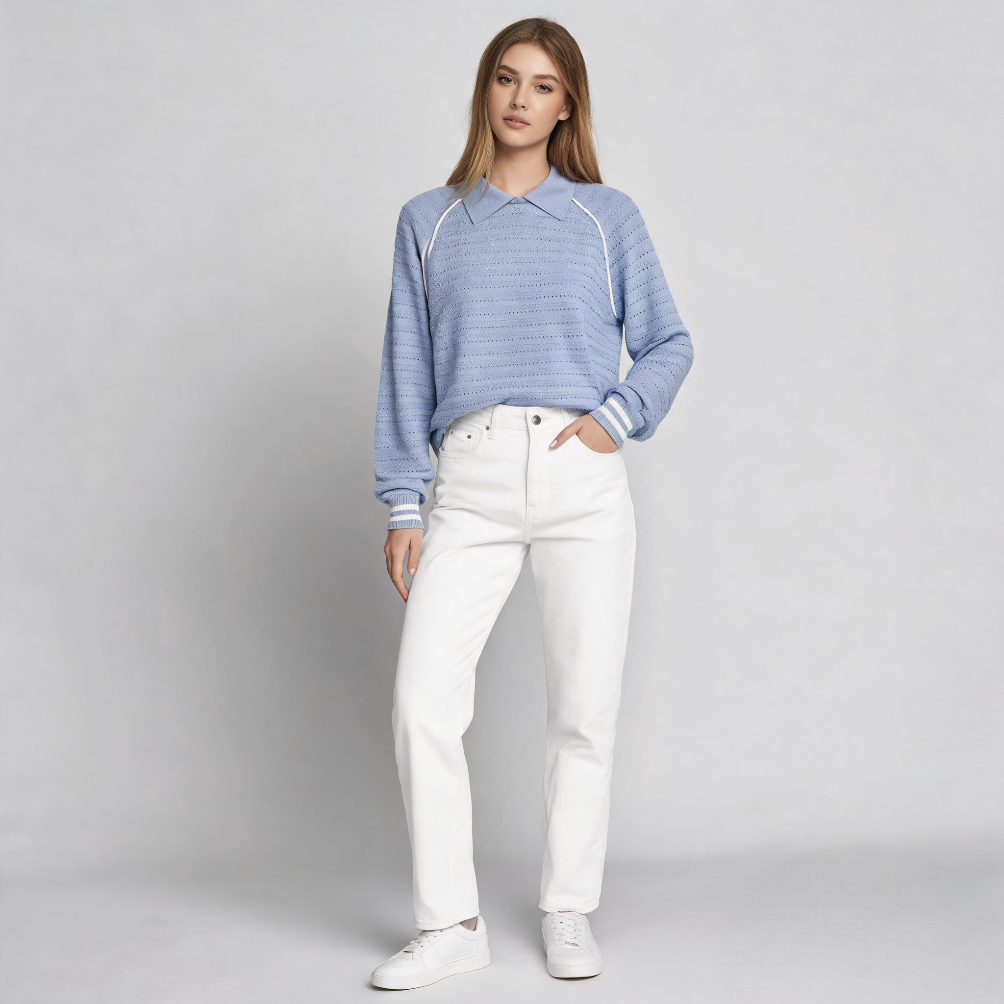 Women's Light Blue Breathable 12G Computer Knitted Pullover Knitwear