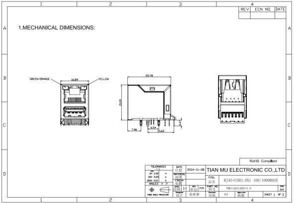 Black Rj45 Single Port /  Rj45 Modular Socket 25.78mm Length Tm611q31arx-3.0