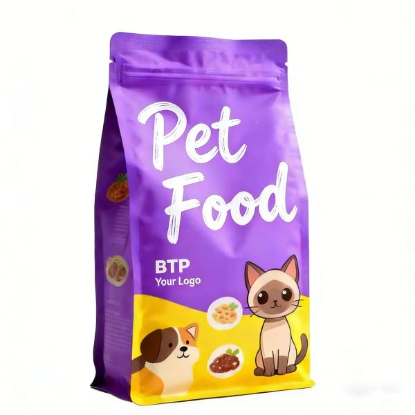 MOQ 100pcs Custom-Printed Moisture Proof Food Grade Flat Bottom Gusset Stand up Pouch Resealable Zipper for Dry Pet Food & Snack