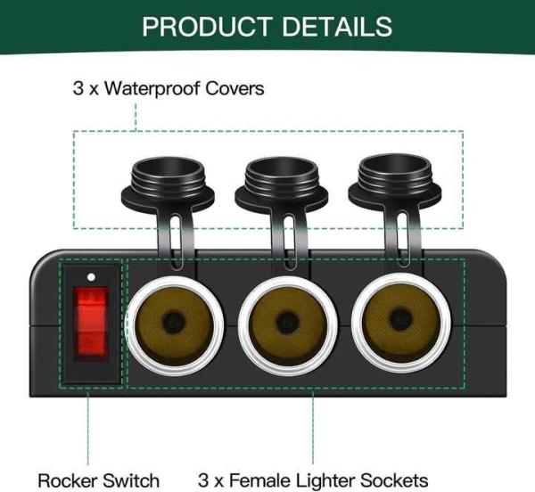 Adaptador cargador de encendedor de cigarrillos de 3 puertos 12V/24V con panel multifunción