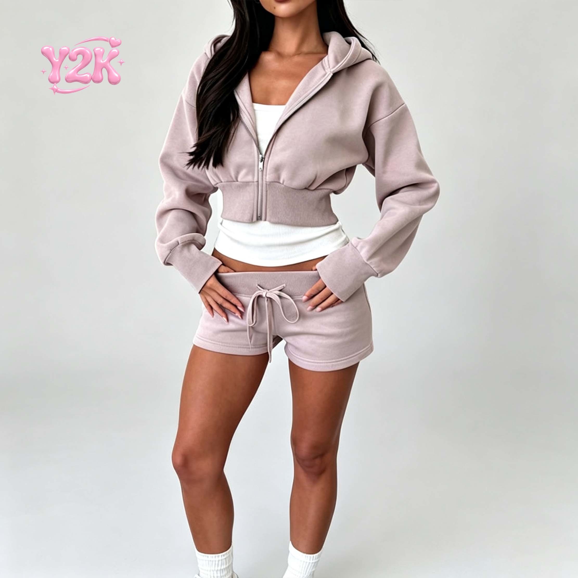 Custom Pink Cropped Zip Up Hoodie & Shorts Casual Lounge Set