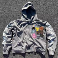 Outono Custom Homens Stone Acid Wash Cortado Boxy bordado fechadura com capuz bordado sweatshirts vintage
