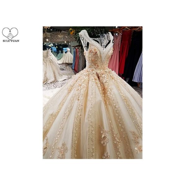 Luxury Golden Orange Ladies Bridal Gown Sleeveless Lace Beaded Princess Big Tail