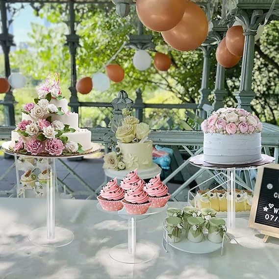 Lindo y redondo soporte para pasteles de acrílico claro soporte de plexiglás POS soporte para pasteles de postre