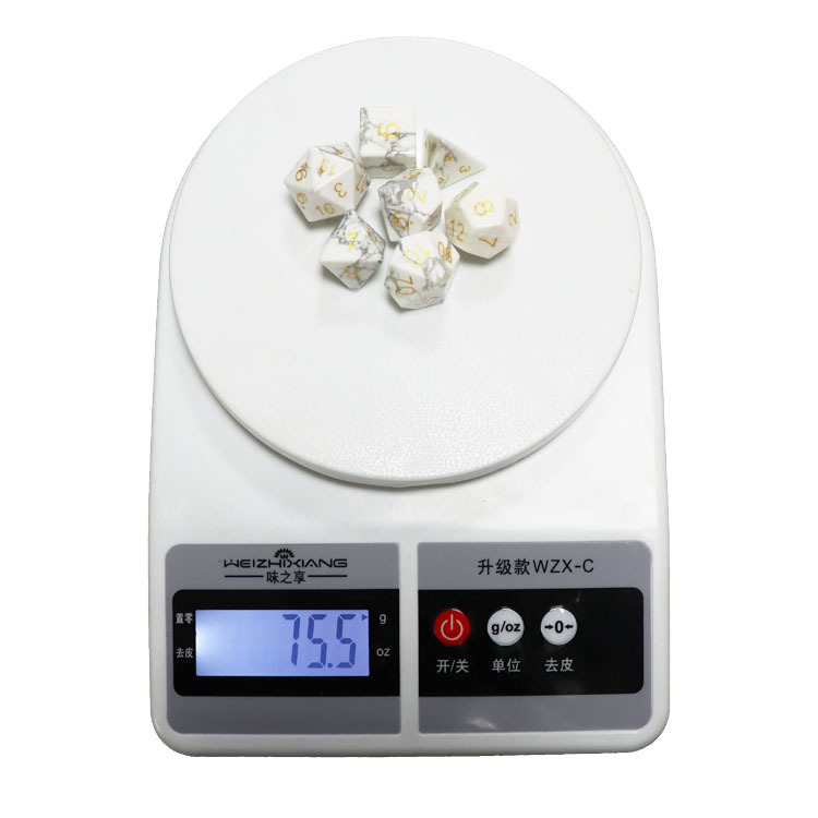 Natural Howlite Gemstone Polyhedral Dice Set - Hand Carved DND Dice with Golden Ink Engraved Numbers