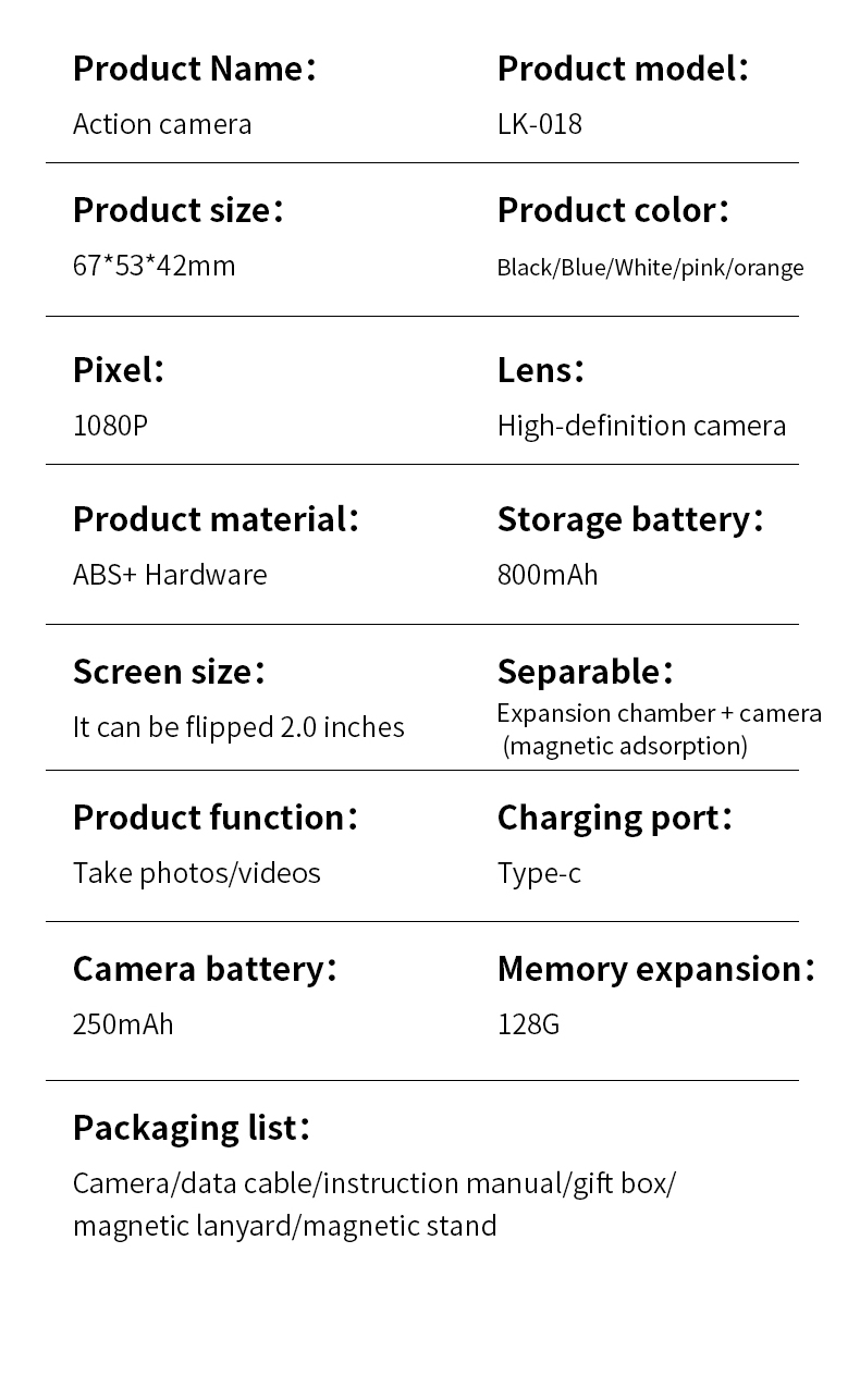 Wireless WiFi APP Fast Video Photo Transfer Magnetic Lanyard Stand Portable Action Cam Wholesale Supply