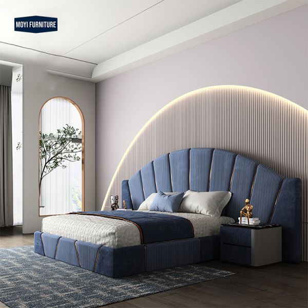 Velvet Upholstered Italian Light Luxury King Size Bed Double Bed Set Modern Blue Leather Bedroom Furniture Elegant Style