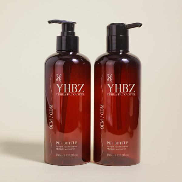 400ml PET プラスチック プラスチック シャンプーとコンディショナー ボトル 丸いアンバー色ローションポンプ ボトル