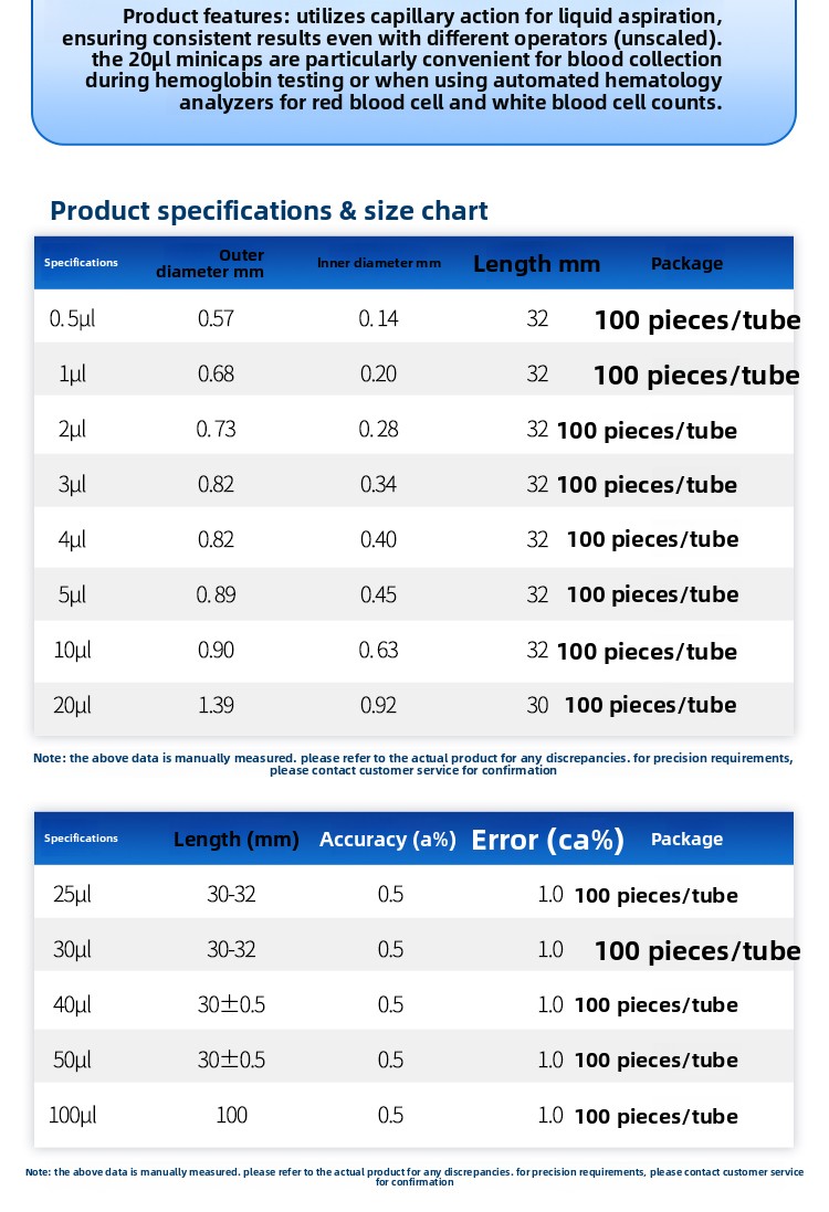 Quantitative Capillary Micro Pipettes 1ul/2ul/3ul/4ul/5ul/10ul/100 Pieces Material None Made in China
