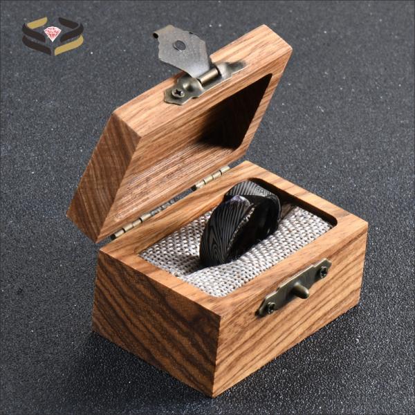 Men'S Titanium Rings Laser Damascus Steel Wood Grain Cubic Zirconia Inlayed