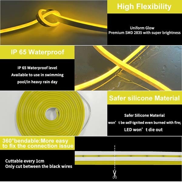 LED Neon Flex Strip Flexible Silicone Rope Light Cuttable Every 1cm Waterproof Soft Glow Durable Uniform Brightness Ideal for Lighting