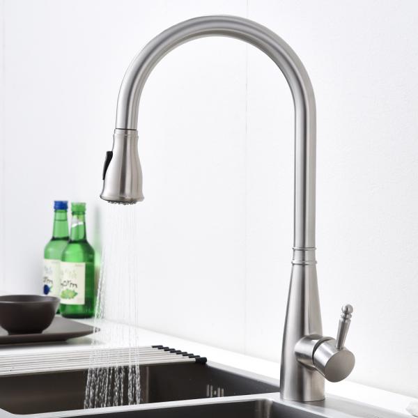 Solid Stainless Steel High Arc Kitchen Faucet Gooseneck Dual Mode Spray Head
