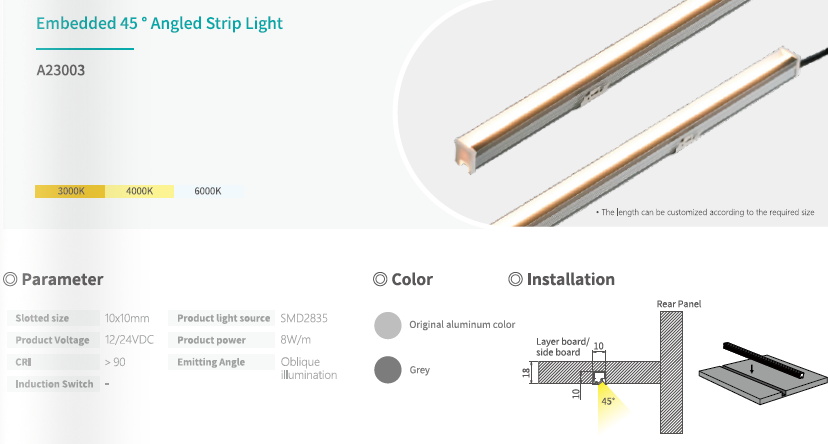45° Angled/Slanted Recessed LED Strip Lights Custom Length High CRI >90 12/24V Aluminum Profile