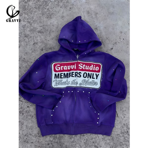 Red Rhinestone Zip Up Hoodie Oversized With Stud Detail For Men