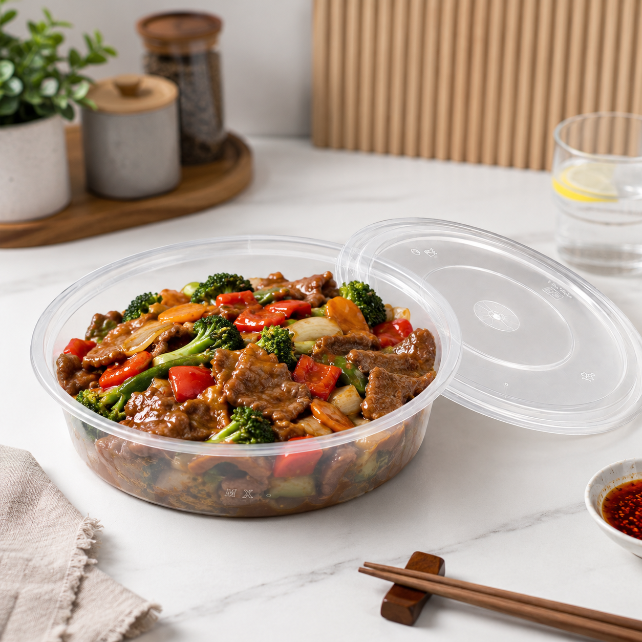 Clear Fitted Lid PP Plastic Serving Bowl Wide Shallow Disposable 2000ml