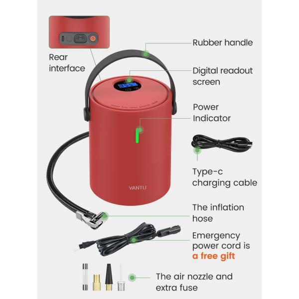 Wireless 12V Tire Inflator by YANTU A05 Portable Mini Cordless Air Pump for Cars