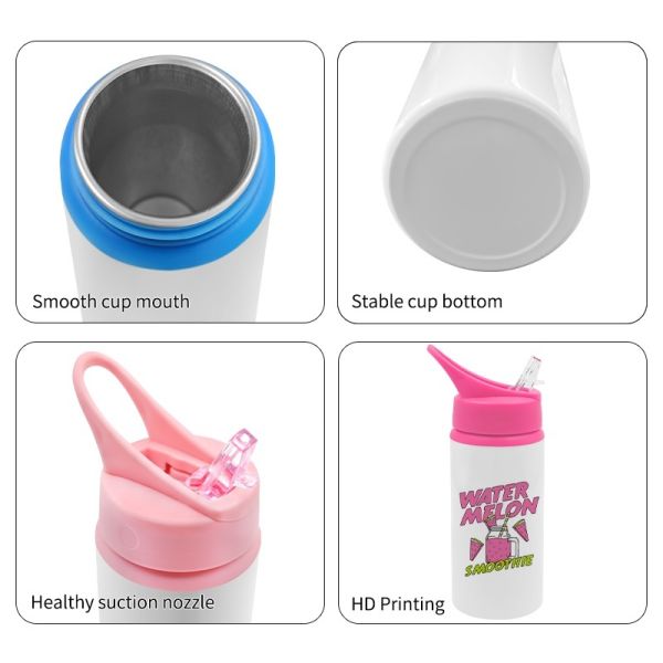 600ml Sublimation White Stainless Steel Water Bottle Tumbler With Portable Slip-Top Lid Vacuum Insulated Kids Water Bottle