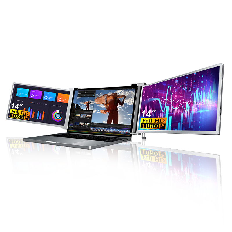 Narrow Bezel Triple Portable Monitor 14in Clip On Laptop Screen For 12-16.5 Inch Laptops