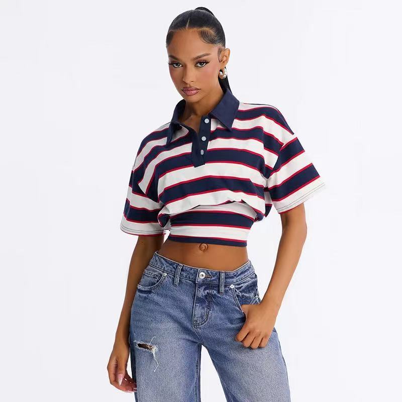 Women's Striped Polo Crop Top with Soft Cotton Fabric and Cropped Length
