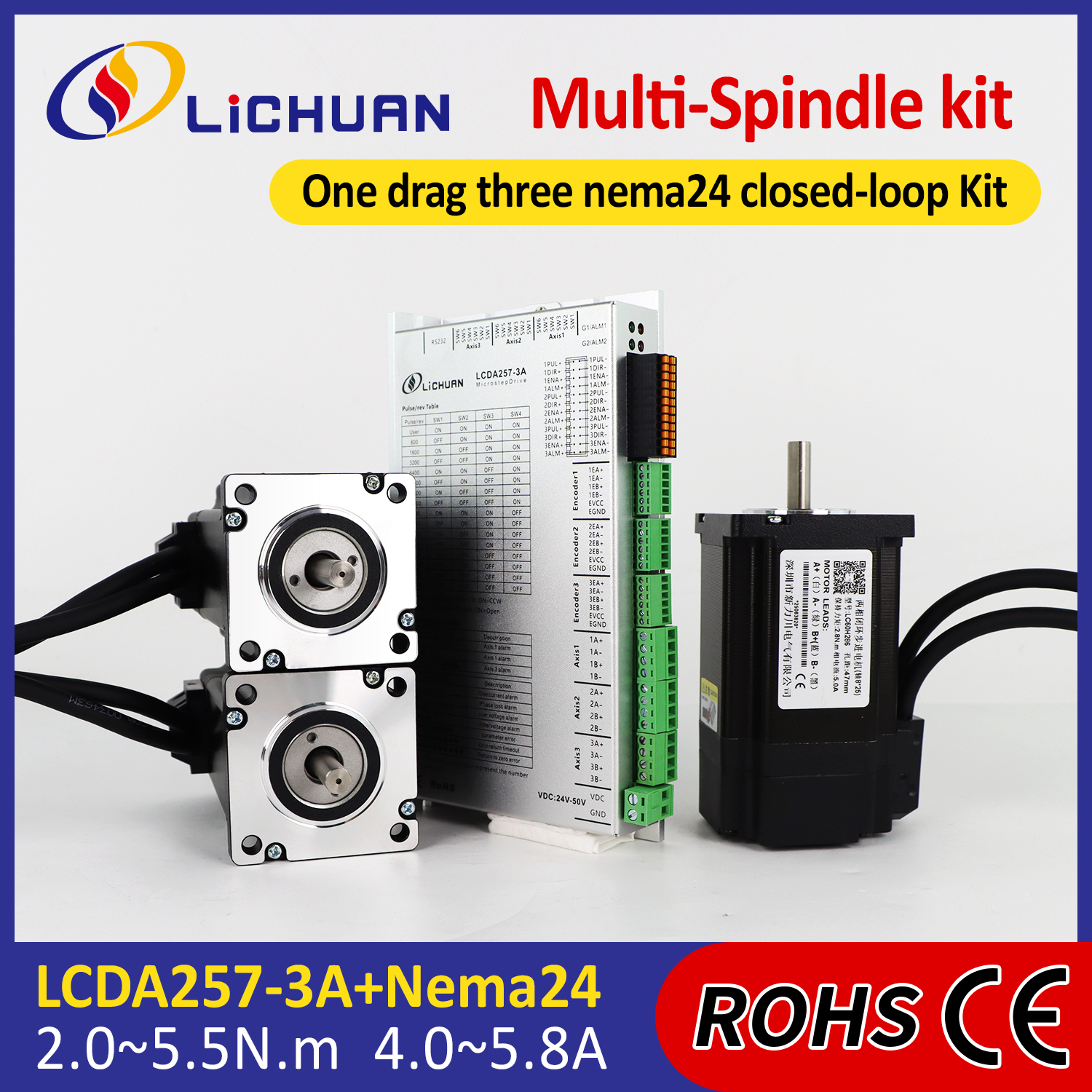 Lichuan 3A DC Closed Loop Stepper Motor Drivers Kit 3.0N.m 2 Phase Nema24 DC24V～50V 4.0/5.0/5.8A 1000PPR