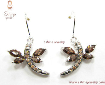 Manufacture & offer Black Rhodium Plated Brass jewelry dragonfly earrings with coffee CZ