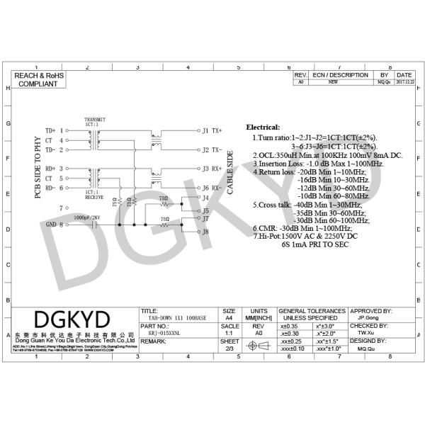 1x1 изоляция 1500Vrms трансформатора RJ45 модульная Джек порта Cat5 минимальная без приведенный