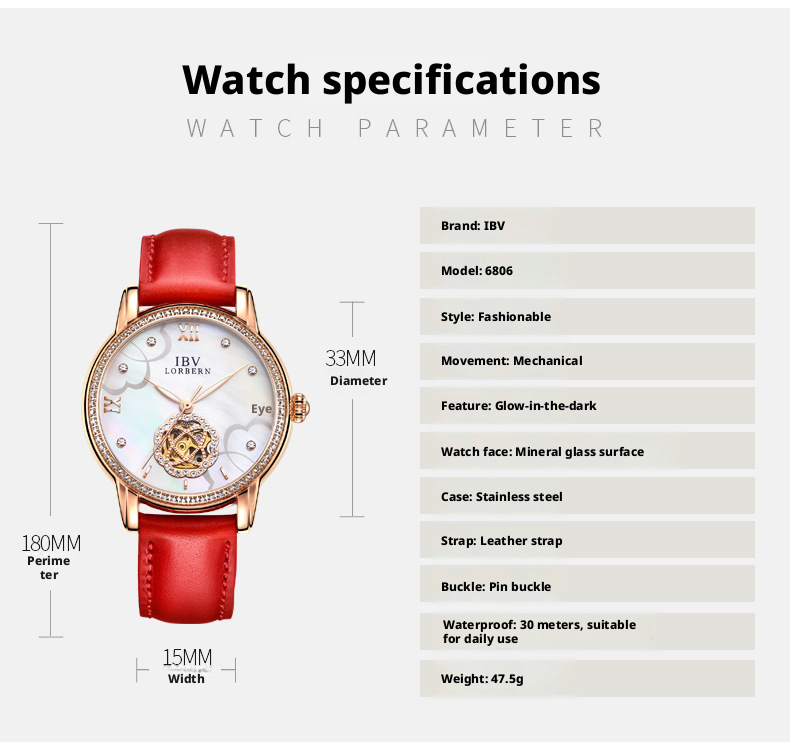 Rose Gold Skeleton Mechanical Ladies Watch Mother Of Pearl Dial Crystal Bezel Genuine Leather Strap 3 Colors Luxury Women Dress Wrist Watch Gift