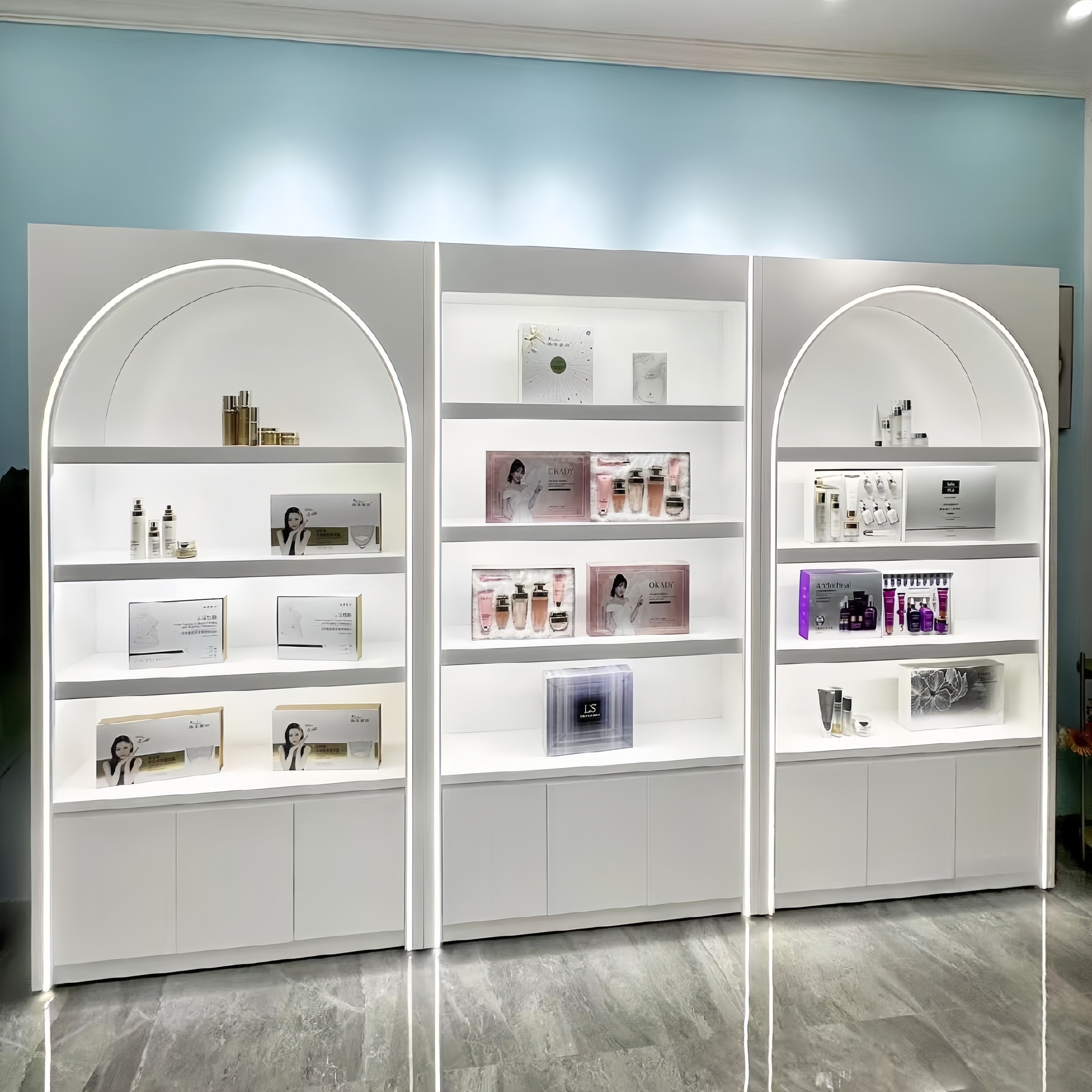 Private Customization Makeup Perfume Shop Design Furniture Store Baking Paint Beauty Perfume Tall Display Cabinet