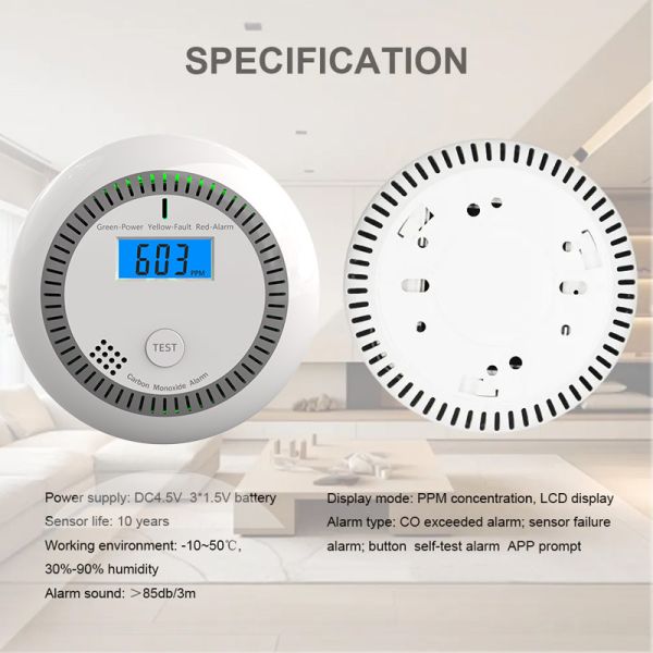 10-Year Lifespan Carbon Monoxide Detector with Electrochemical Sensor and 85dB Alarm Sound