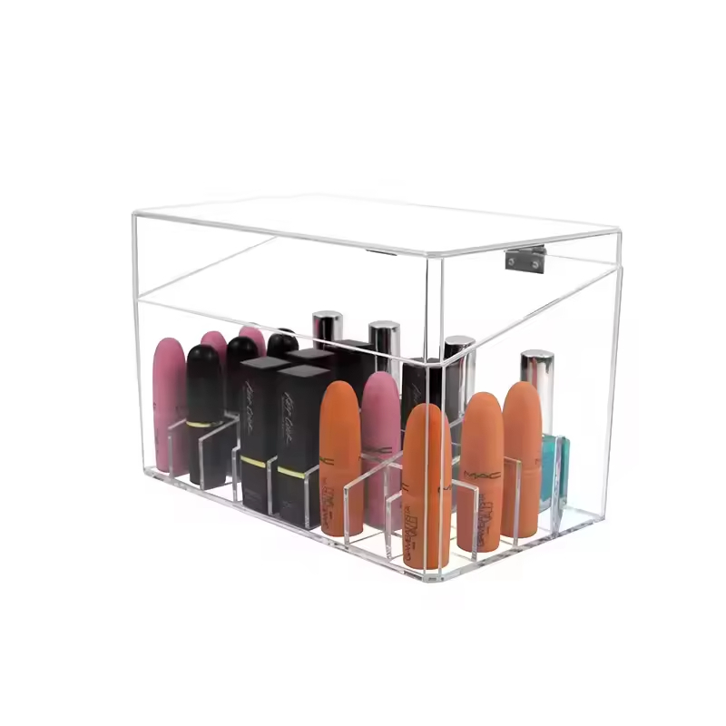 Factory Direct Sale Transparent Dust Proof Partition Acrylic Makeup Tools Storage Box  Lipstick Display Stand with Flip up Lid