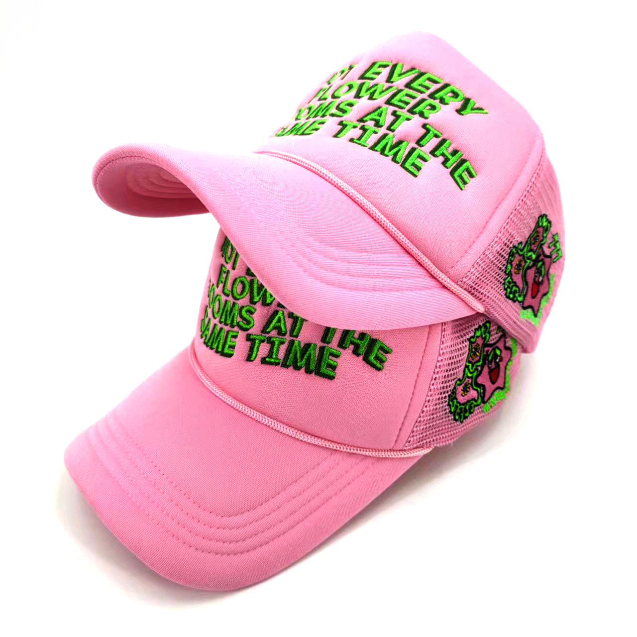 Pink Mesh 5 Panel Trucker Cap Embroidered Patch Bulk 3D Embroidery Cap