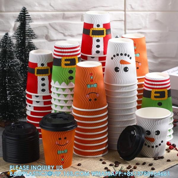 Christmas Disposable Coffee Cups 12 Oz Insulated Ripple Wall Cup With Lid, Xmas Disposable Coffee Espresso Cups