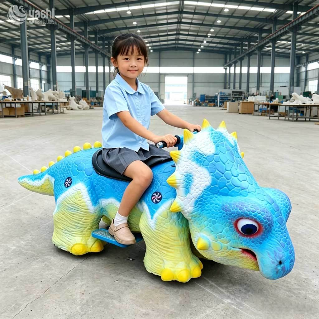 Coin Operated Triceratops Kids Electric Ride On Car, Fiberglass Commercial Dinosaur Amusement Scooter for Shopping Mall & Playground