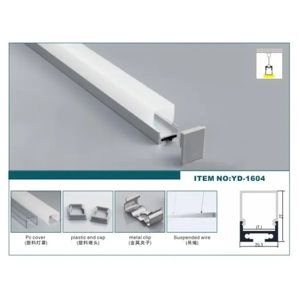 6063 T5 Aluminum Alloy Suspended LED Profile 20.3*27mm for Indoor Lighting Decoration