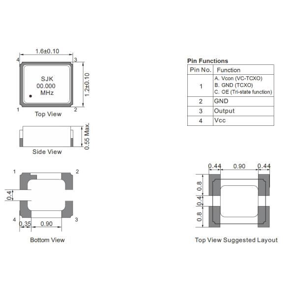 1612 SMD TCXO или VC-TCXO 10 ~ 52MHz 1.8V ~ 3.3V ± 0.5ppm -40 ~ + 85°C Выход синеволны