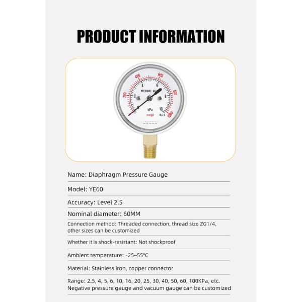 2.5 inch diaphragm micro air pressure manometer with 16KPa outlet pressure gauge made